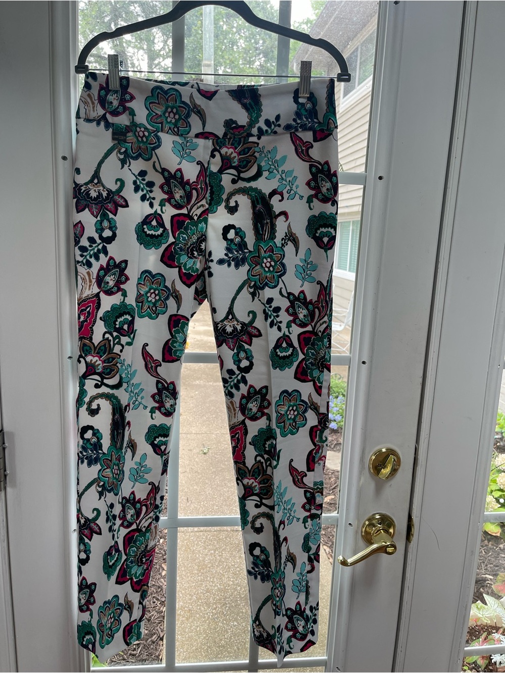 LISETTE White Pants with Teal, Magenta & Green Paisley Print